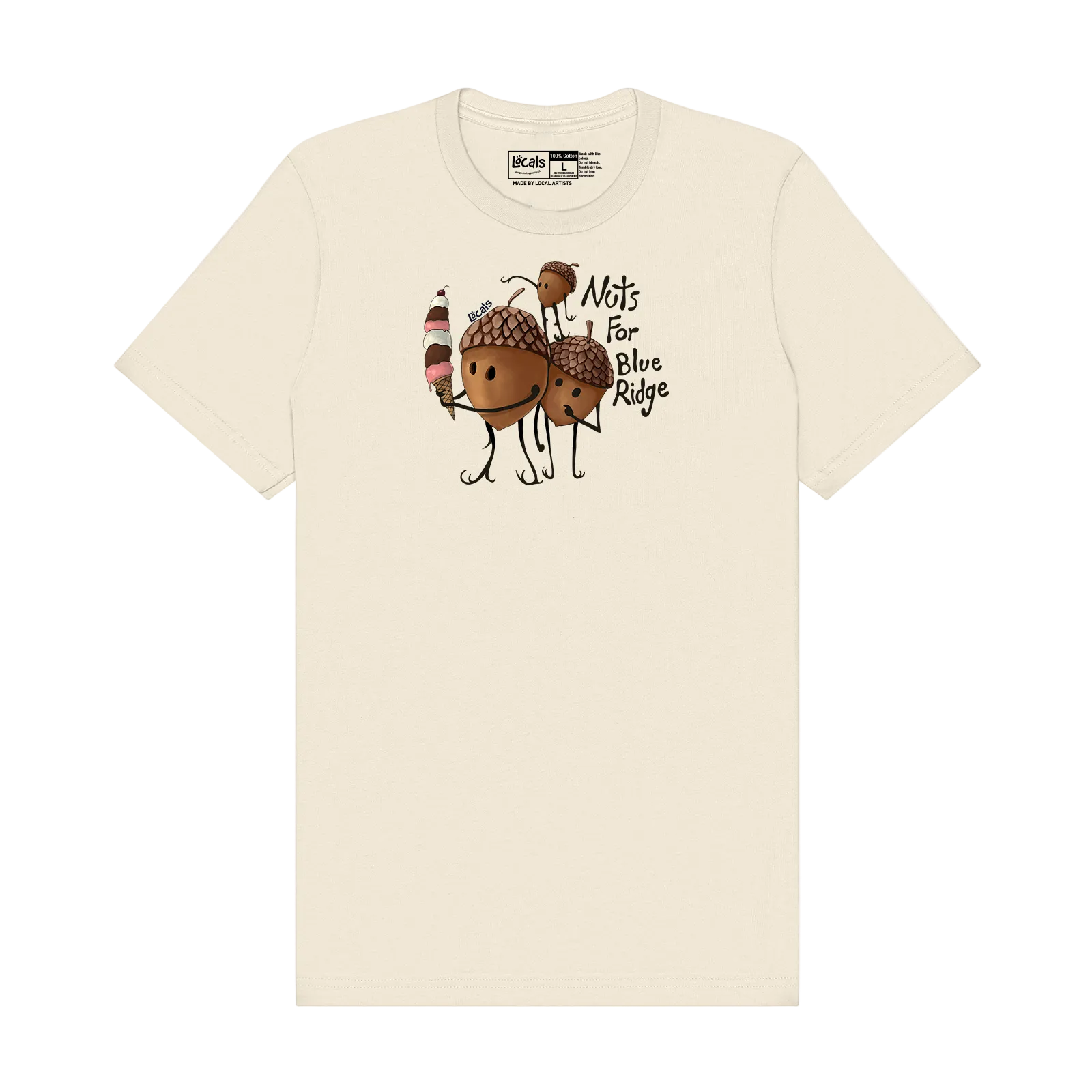 An off-white short-sleeve crewneck t-shirt featuring a cartoon graphic of acorns with legs and a lighthouse, accompanied by the text 'Moths For Blue Ridge'.