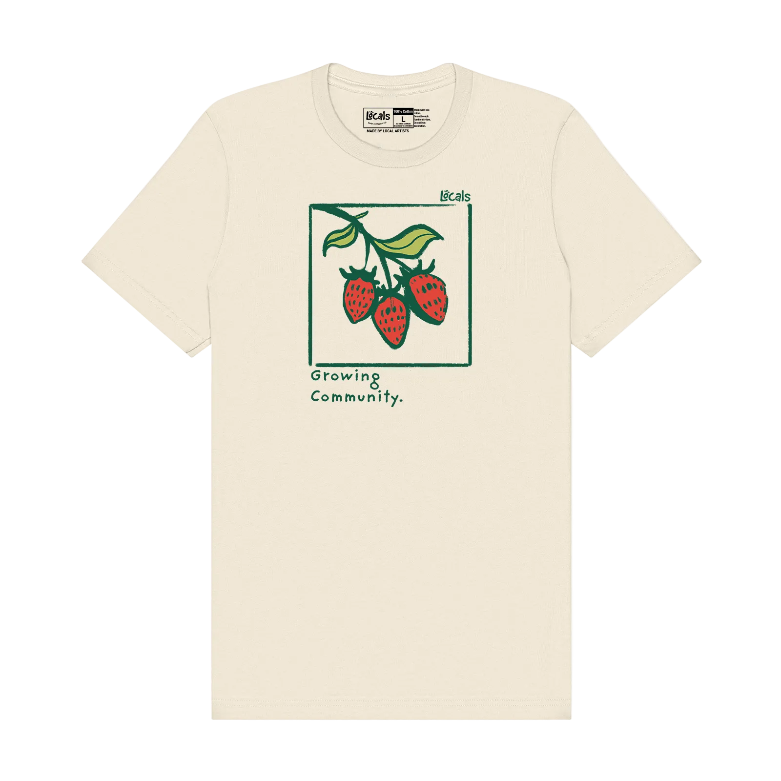 An off-white short-sleeve t-shirt with a green and red strawberry graphic on the chest, featuring the text 'Growing Community.' below the graphic.