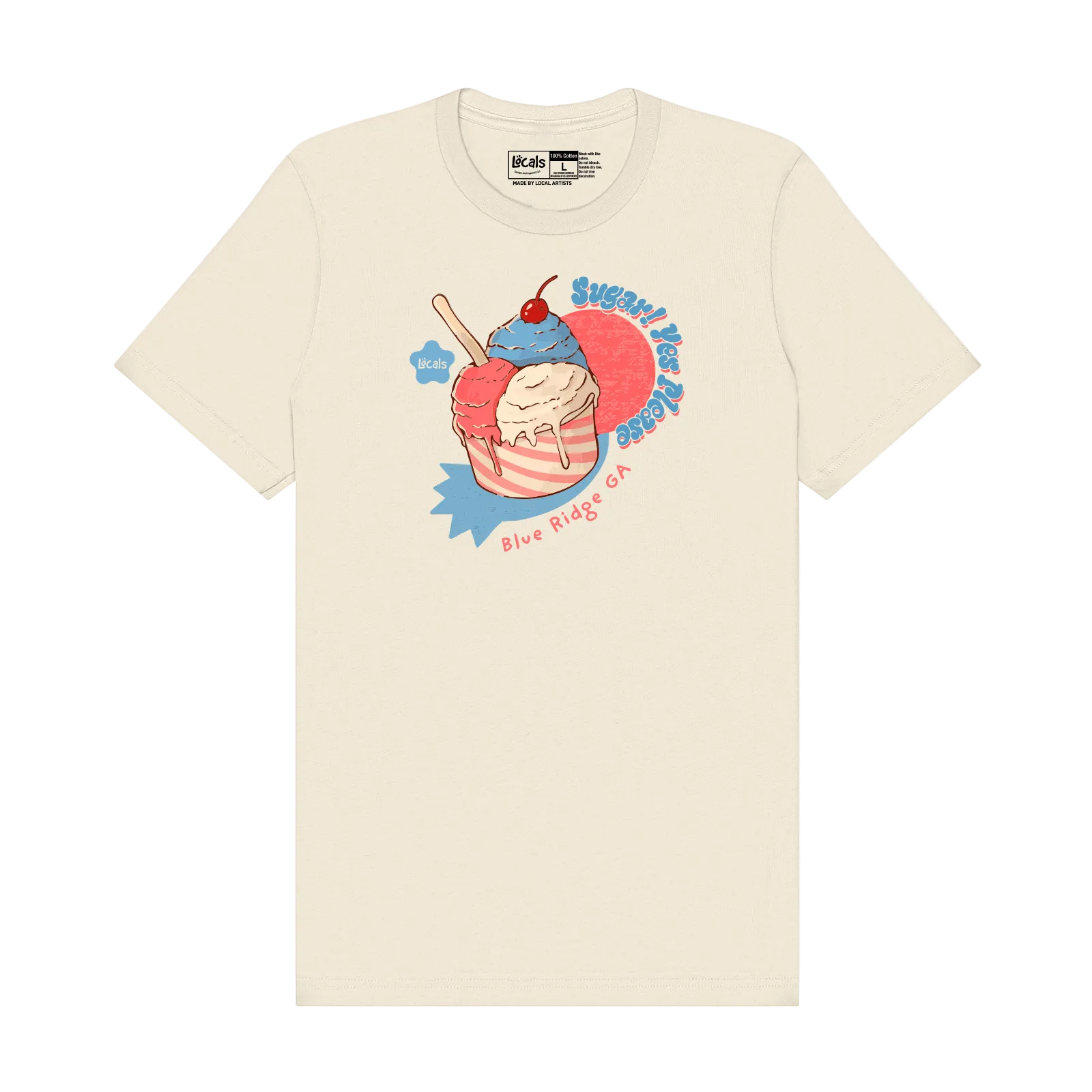 An off-white crewneck t-shirt featuring a colorful graphic of a strawberry ice cream cupcake with the text 'SWEETEST ICE CREAM EVER' and 'Blue Rag 24' on a light gray background.